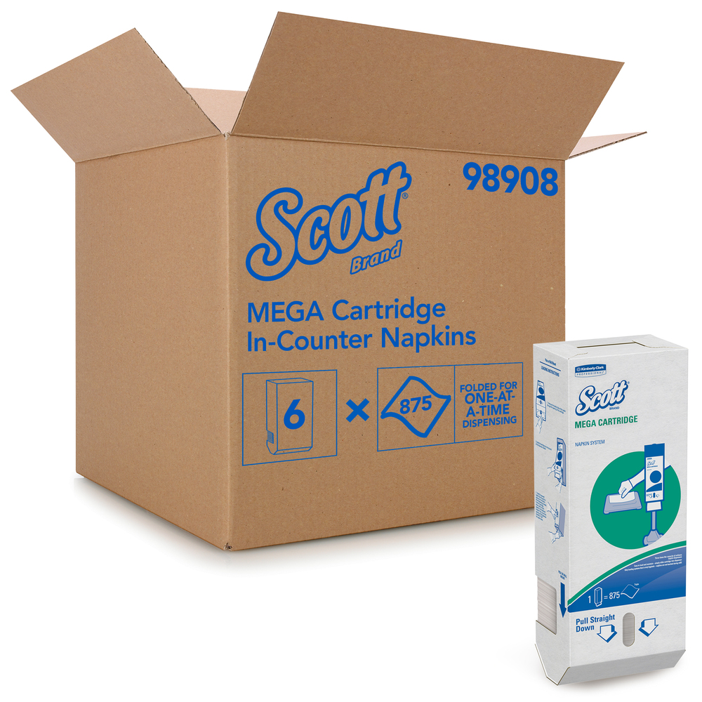 Scott® Mega Cartridge Napkin Box (98908), Disposable Paper Napkins, 6 Cartons of 875 Beverage Napkins (5,250 Napkins / Case) - 98908