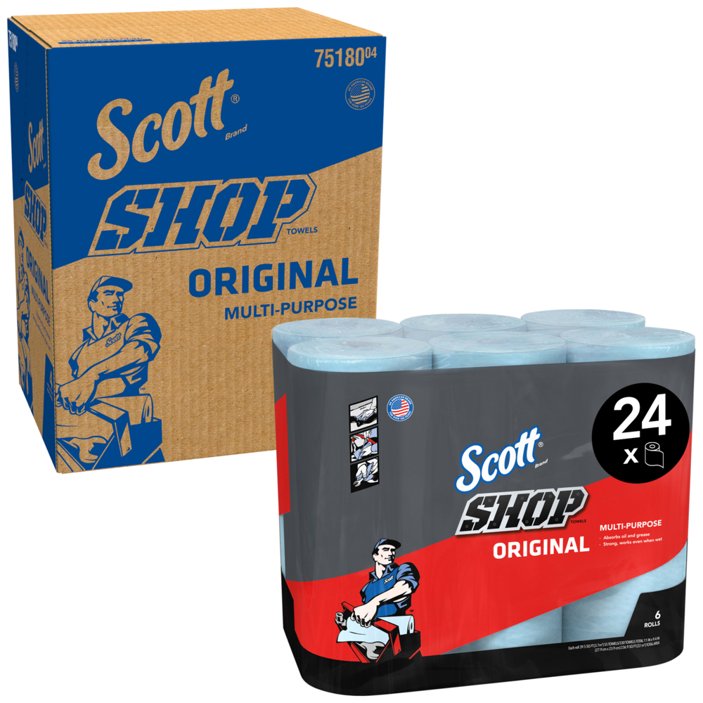 Scott® Shop Towels Original (75180), Blue, 55 Towels/Standard Roll, 24 Rolls/Case (4 Bundles of 6 Rolls), 1,320 Towels/Case - 75180