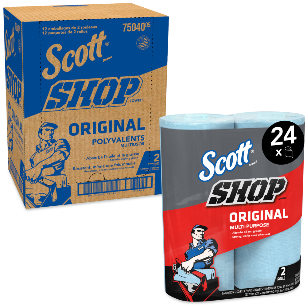 Scott® Shop Towels Original (75040), Blue, 55 Towels/Standard Roll, 24 Rolls/Case, 1,320 Towels/Case - 75040