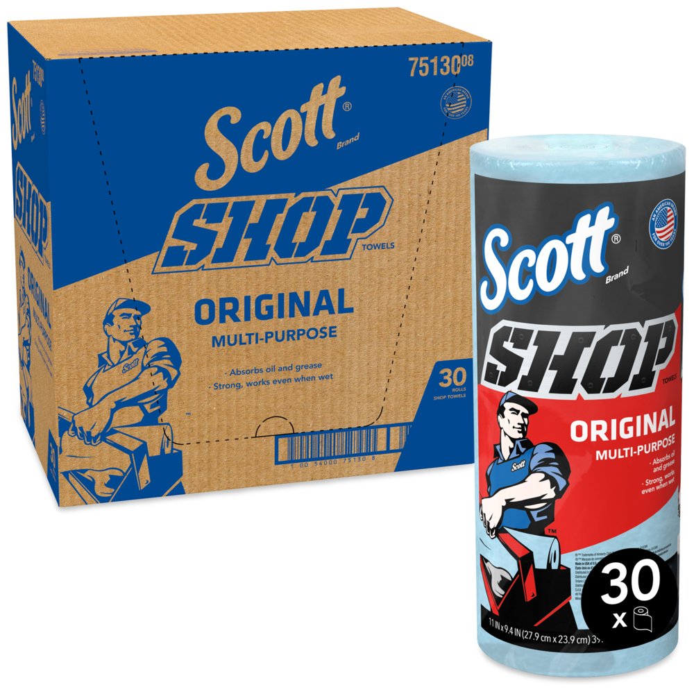 Chiffons d’atelier originaux Scott (75130), chiffons d’atelier bleu, 1 rouleau/paquet, 30 rouleaux/caisse - 75130