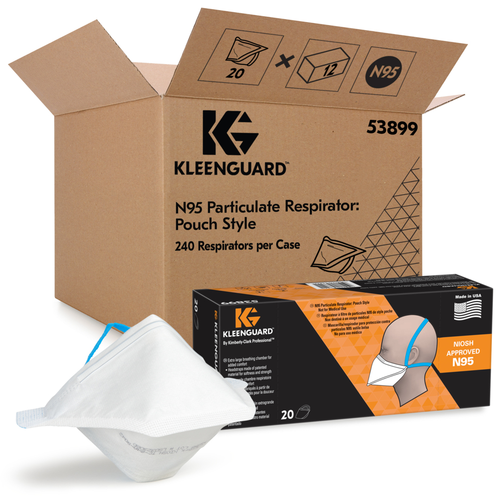 Respirateur à filtre de particules N95 KleenGuard™ : style poche (53899), approuvé par le NIOSH, fabriqué aux États-Unis, format régulier, 20 respirateurs/boîte, 12 boîtes/caisse, 240 respirateurs/caisse