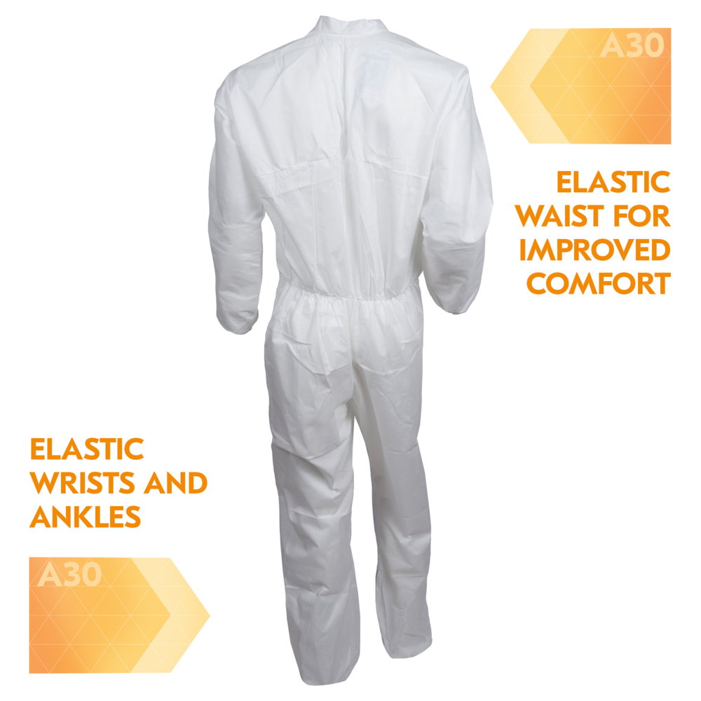 KleenGuard™ A30 Breathable Splash and Particle Protection Coveralls (46102), REFLEX Design, Zip Front, Elastic Wrists & Ankles, White, Medium, 25 / Case - 46102