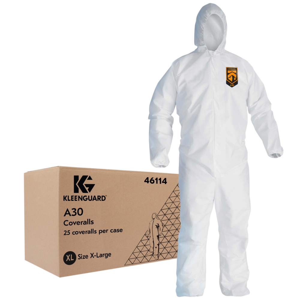 KleenGuard™ A30 Breathable Splash and Particle Protection Coveralls (46114), REFLEX Design, Hood, Zip Front, Elastic Wrists & Ankles (EWA), White, XL, 25 / Case - 46114