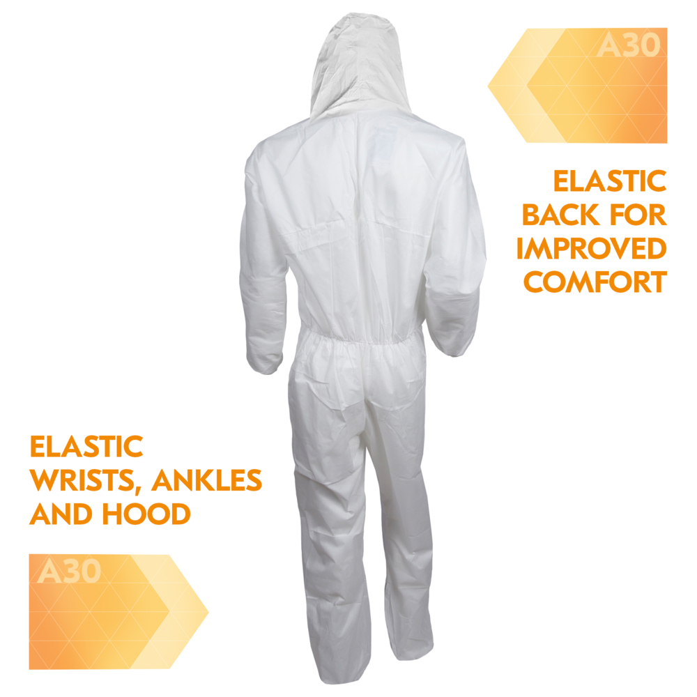 KleenGuard™ A30 Breathable Splash and Particle Protection Coveralls (46115), REFLEX Design, Hood, Zip Front, Elastic Wrists & Ankles (EWA), White, 2XL, 25 / Case - 46115