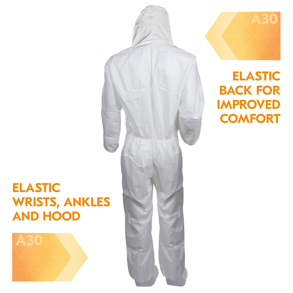 KleenGuard™ A30 Breathable Splash and Particle Protection Coveralls (48963), REFLEX Design, Hood, New Skid-Resistant Boots, Zip Front, Boots, Elastic Wrists, White, Large, 25 / Case - 48963