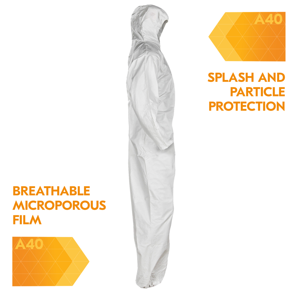 KleenGuard™A40 Liquid and Particle Protection Coveralls, REFLEX Design, Zip Front, Elastic Wrists & Ankles, Hood, White, Medium, 25 Coveralls / Case - 44322