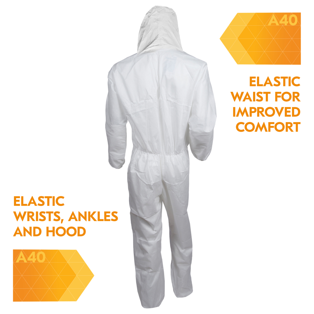 KleenGuard™A40 Liquid and Particle Protection Coveralls, REFLEX Design, Zip Front, Elastic Wrists & Ankles, Hood, White, X-Large, 25 Coveralls / Case - 44324