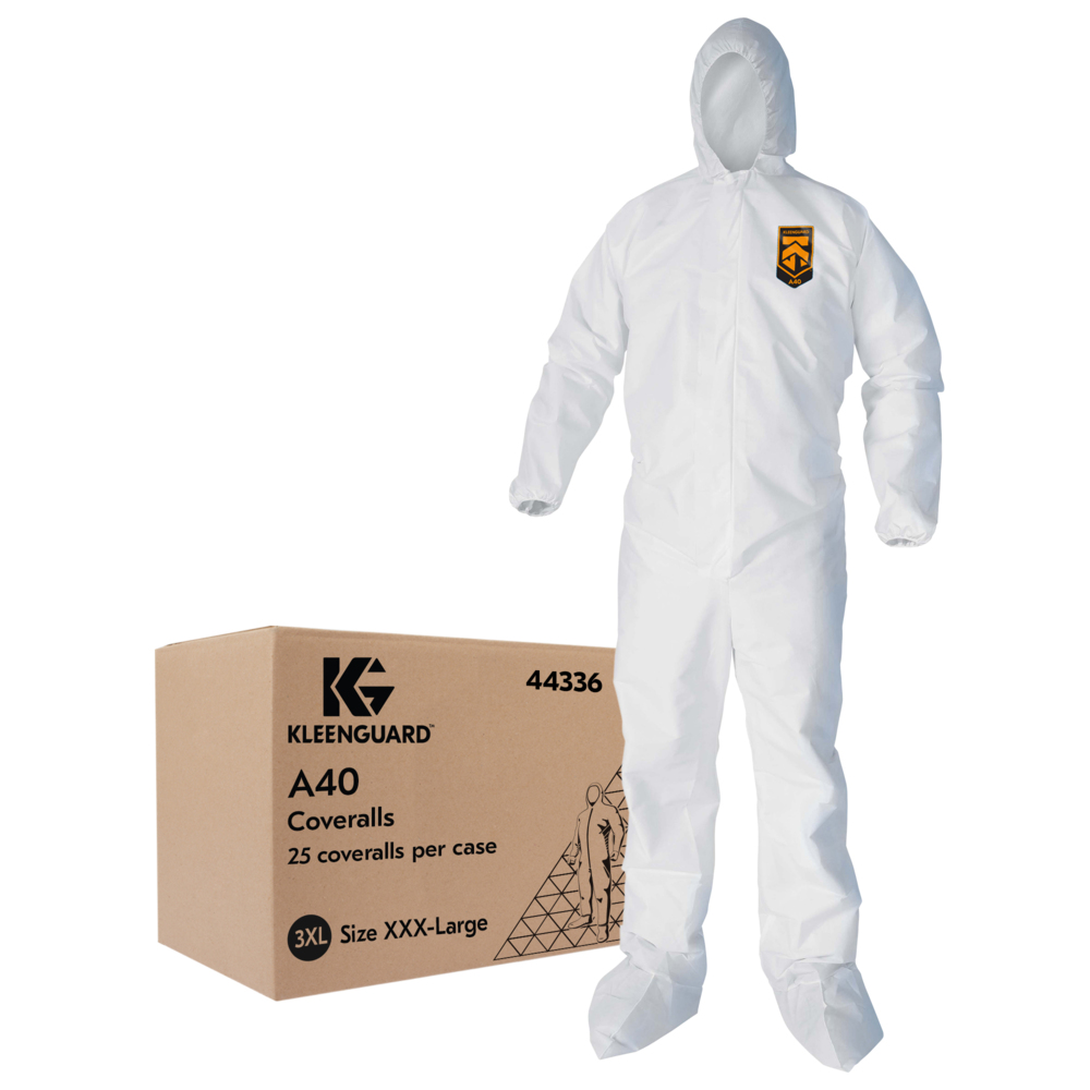 KleenGuard™A40 Liquid and Particle Protection Coveralls, REFLEX Design, Zip Front, Elastic Wrists & Ankles, Hood & Boot, White, 3X-Large, 25 Coveralls / Case - 44336