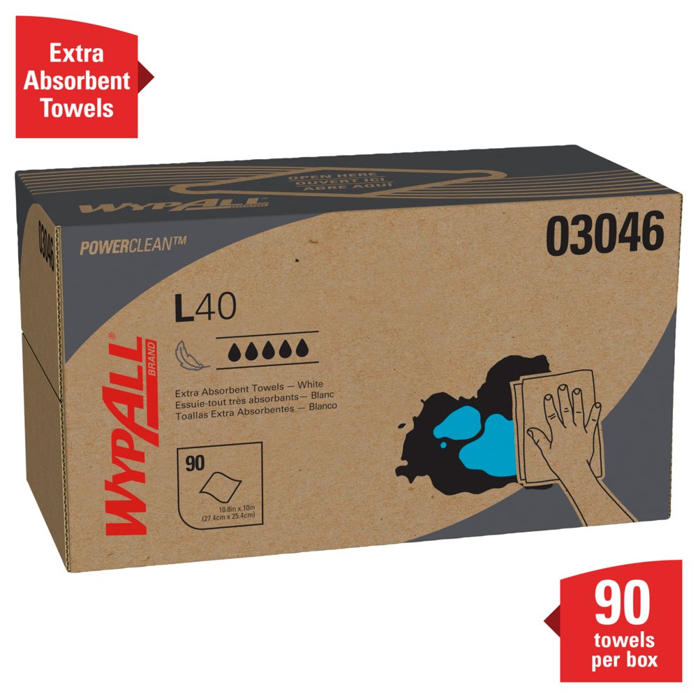 WypAll® Power Clean L40 Extra Absorbent Towels (03046), Limited Use Towels, White, 9 Pop Up Boxes per Case, 90 Sheets per Box, 810 Sheets Total - 03046
