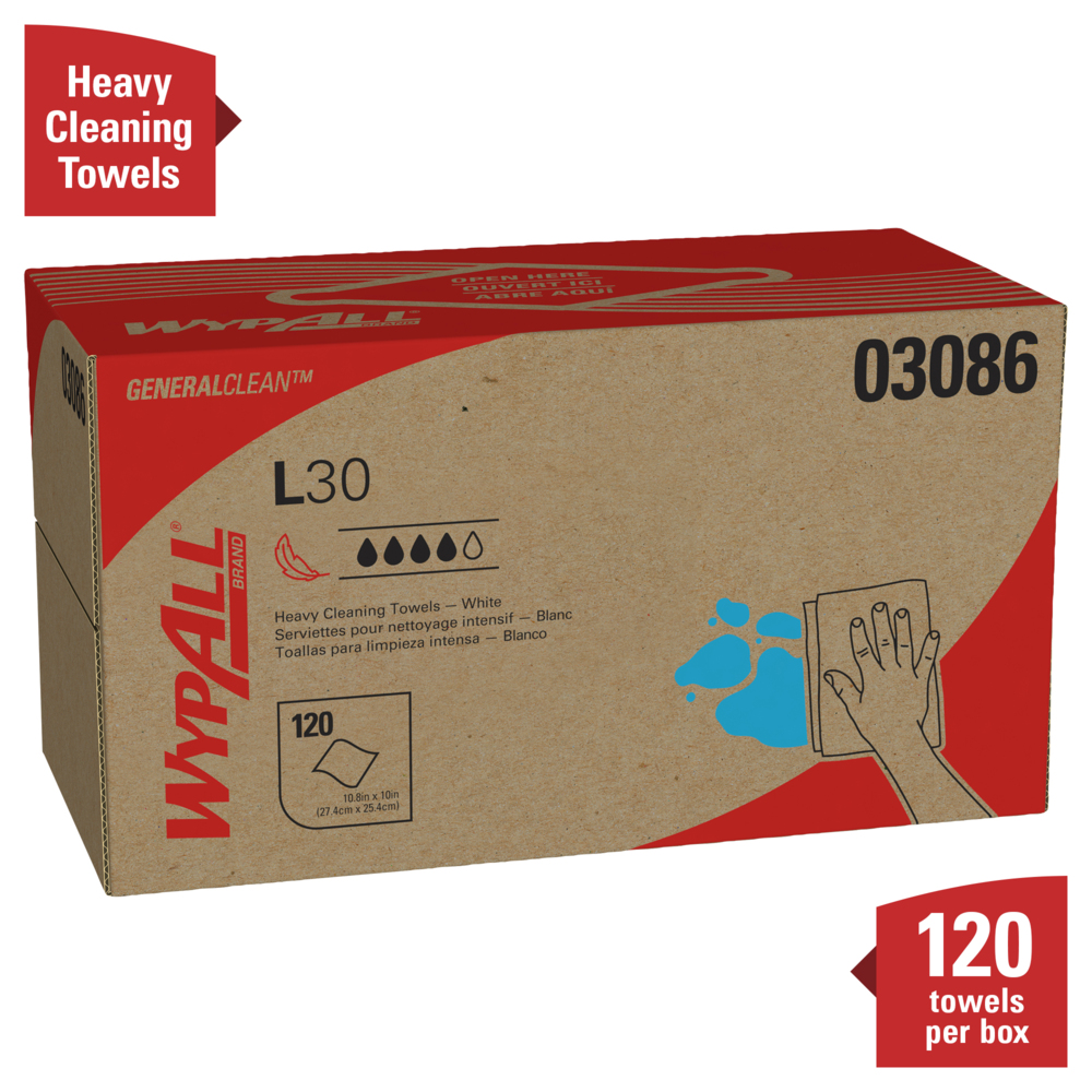 WypAll® General Clean L30 Heavy Cleaning Towels (03086), Strong and Soft Wipes, Pop-UP Box, White, 10 Boxes / Case, 120 Sheets / Box, 1,200 Wipes / Case - 03086
