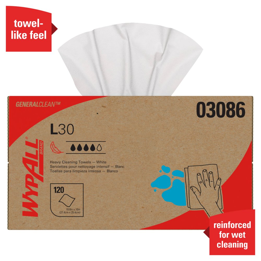 WypAll® General Clean L30 Heavy Cleaning Towels (03086), Strong and Soft Wipes, Pop-UP Box, White, 10 Boxes / Case, 120 Sheets / Box, 1,200 Wipes / Case - 03086