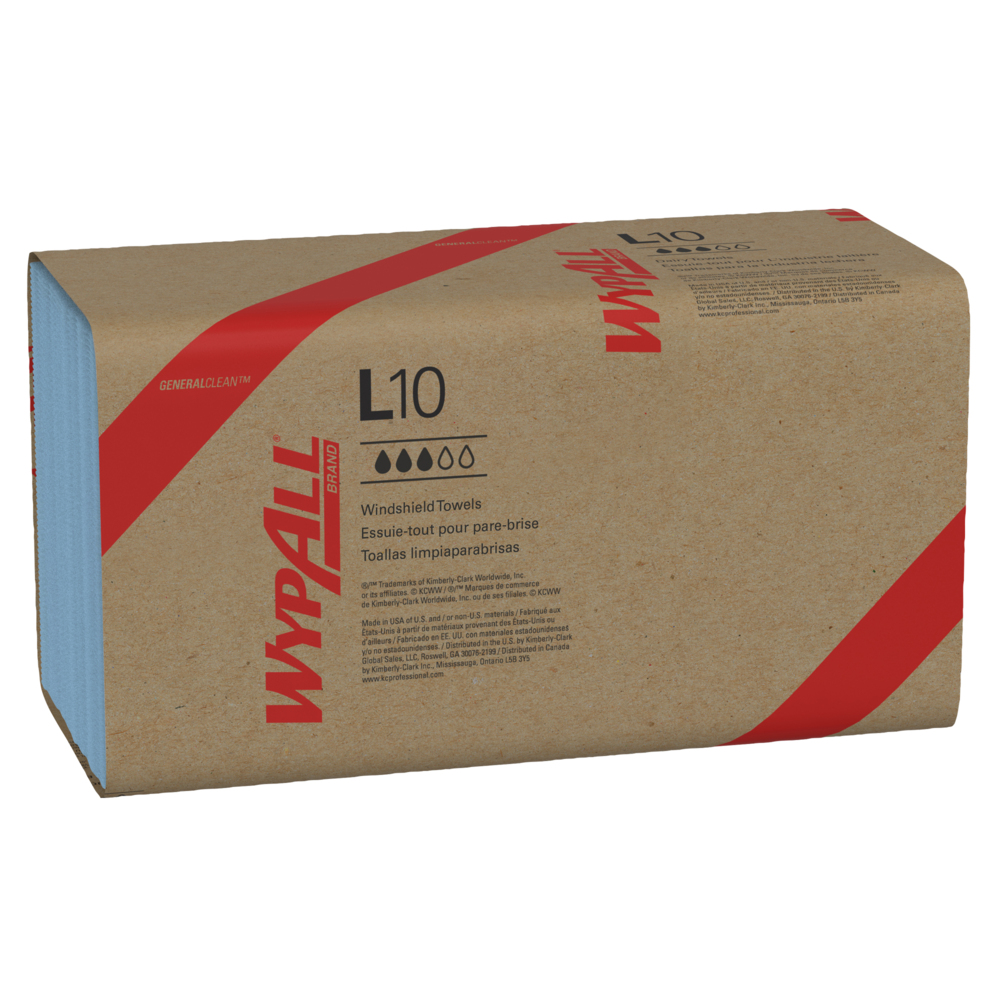 Essuie-tout jetables L10 de Wypall (05123), essuie-tout pour pare-brise, 1 épaisseur, en paquet, bleu, 12 paquets/caisse, 200 essuie-tout/paquet, 2 400 feuilles/caisse - 05123