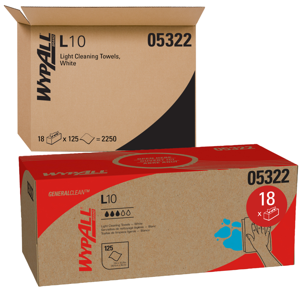 Essuie-tout jetables WypAll L10 (05322), à usage limité, 1 épaisseur, boîte Pop-Up, blancs, 18 paquets/caisse, 125 grandes lingettes/boîte - 05322