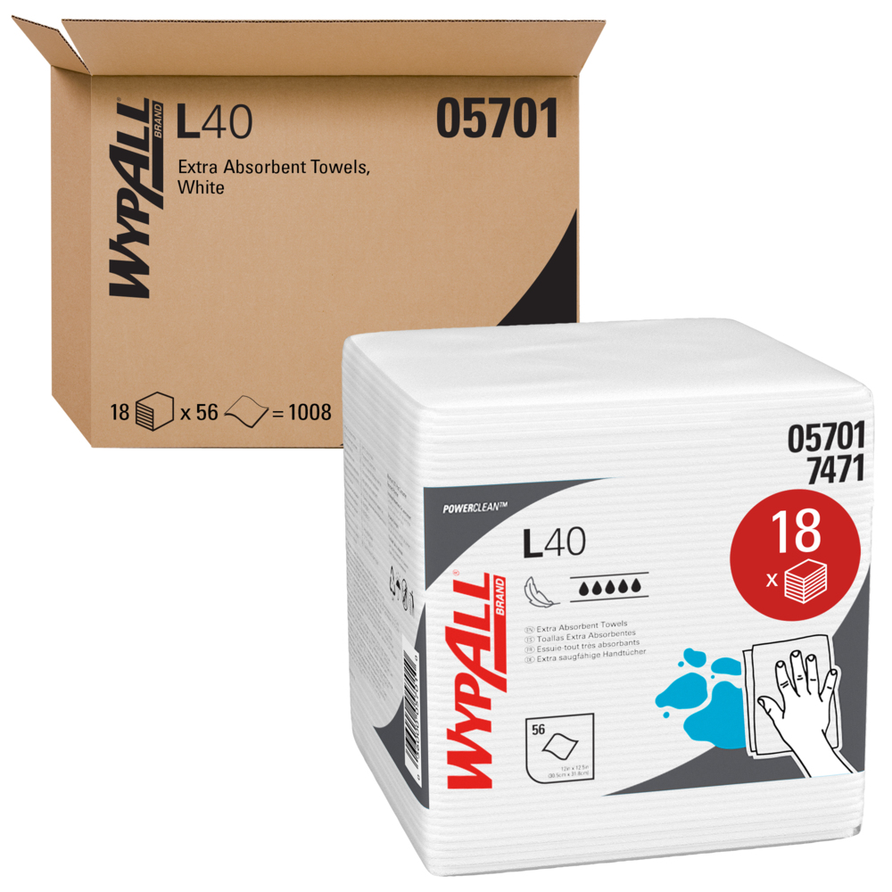 Serviettes de nettoyage et de séchage jetables WypAll L40 (05701) à usage limité, blanc, 18 paquets par caisse, 56 feuilles par paquet, 1 008 feuilles au total - 05701