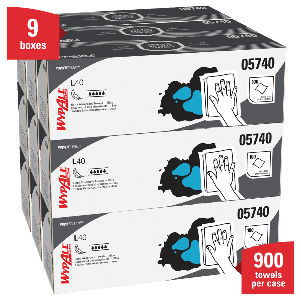 WypAll® Power Clean L40 Extra Absorbent Towels (05740), Limited Use Towels, Blue, 9 Pop Up Boxes per Case, 100 Sheets per Box, 900 Sheets Total - 05740
