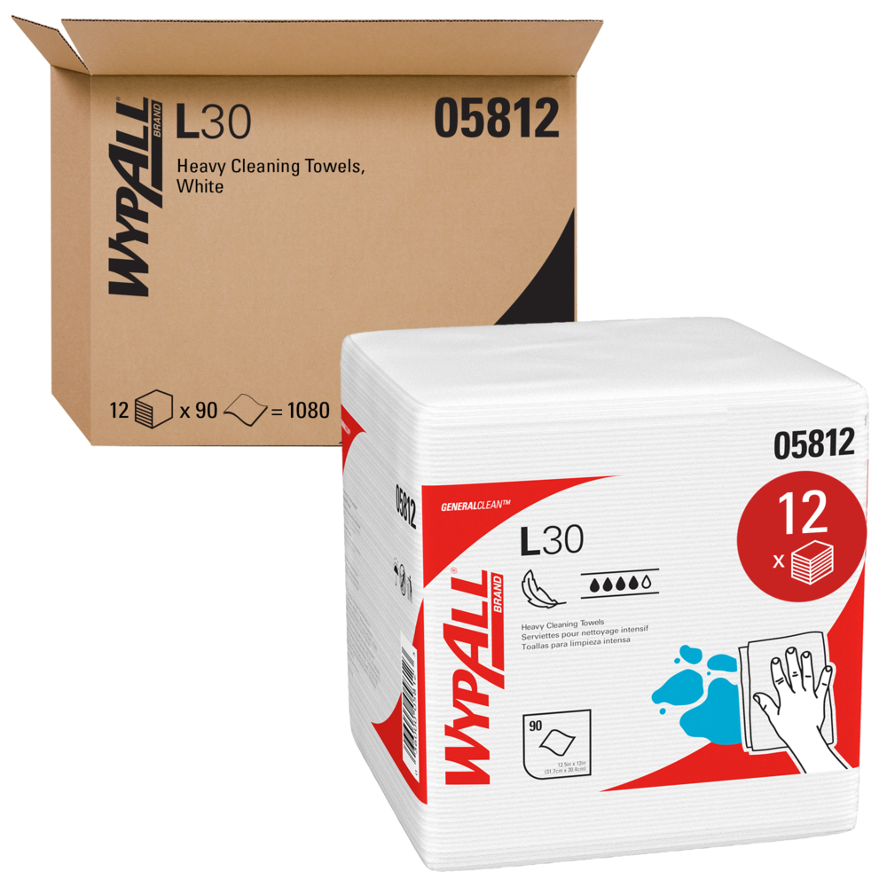 Serviettes DRC Wypall L30 (05812) résistantes et douces, blanc, 12 paquets/caisse, 90 serviettes/paquet