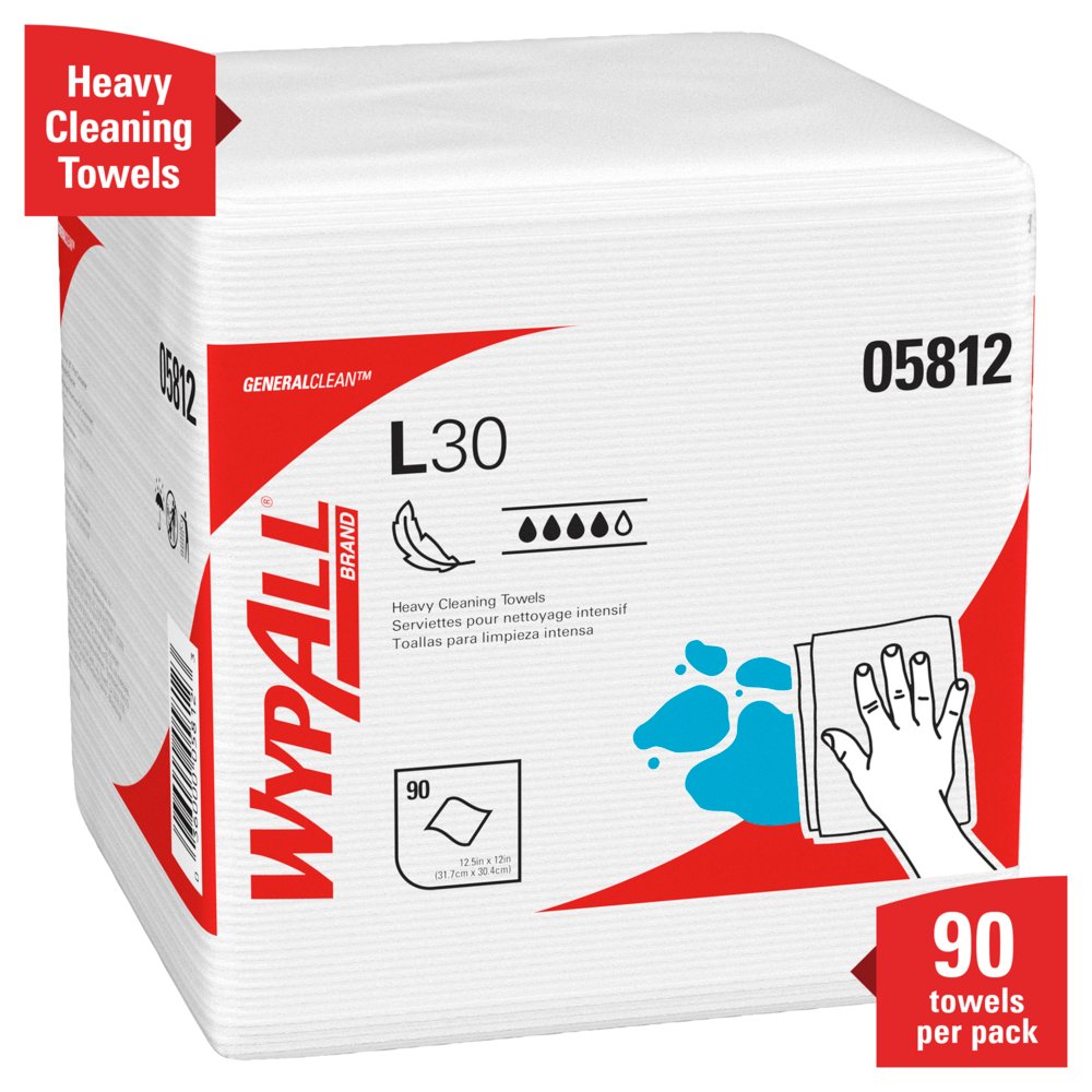 WypAll® General Clean L30 Heavy Cleaning Towels (05812), Strong and Soft Wipes, White, 12 Packs / Case, 90 Towels / Pack - 05812