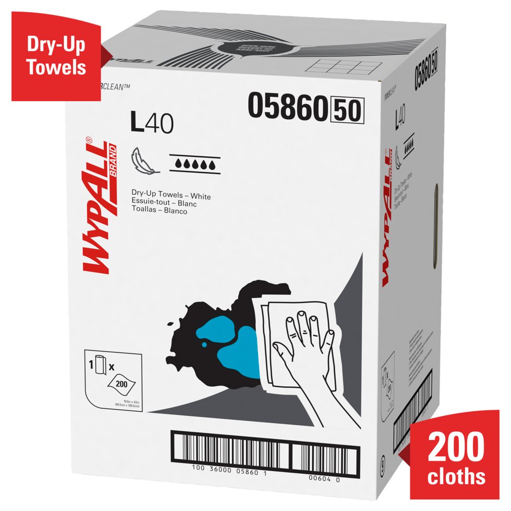 WypAll® Power Clean L40 Extra Absorbent Towels (05860), Limited Use Towels, White, 1 Roll / Box, 200 Towels - 05860
