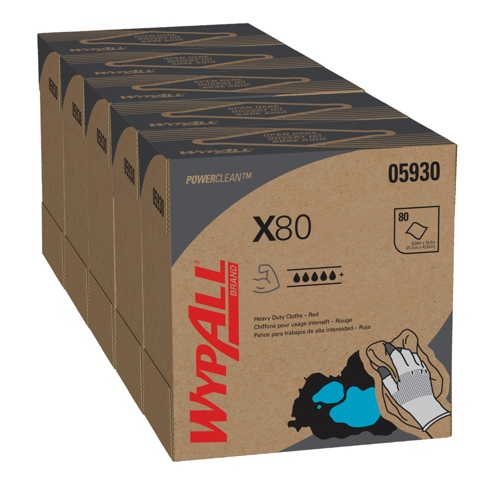 Lingettes réutilisables Wypall X80 (05930), chiffons à utilisation prolongée, rouges, 80 feuilles/boîte Pop-Up; 5 boîtes/caisse - 05930