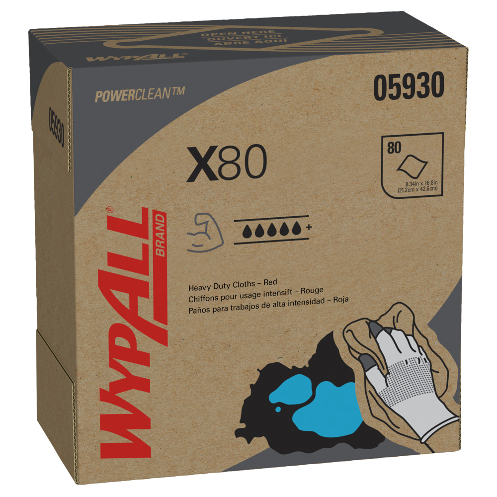 Lingettes réutilisables Wypall X80 (05930), chiffons à utilisation prolongée, rouges, 80 feuilles/boîte Pop-Up; 5 boîtes/caisse - 05930