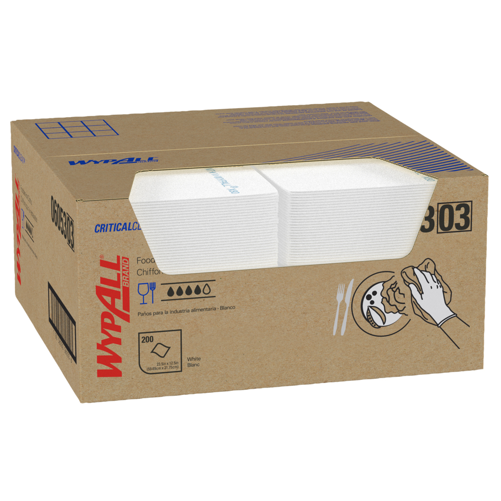 Chiffons réutilisables longue durée de vie pour services alimentaires WypAll (06053), pliés en quatre, blanc, 1 boîte, 200 feuilles - 06053