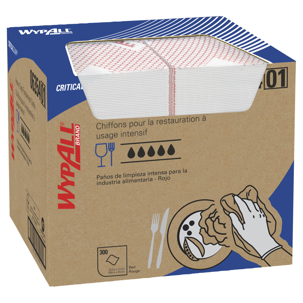 Chiffons réutilisables longue durée de vie pour services alimentaires WypAll X70 (06354), pliés en quatre, rouges, 1 boîte, 300 feuilles - 06354