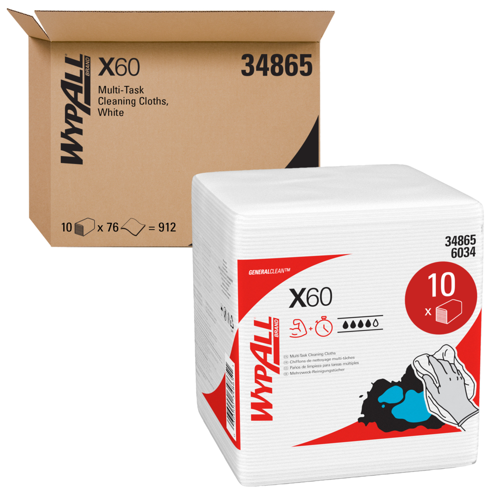 Débarbouillettes réutilisables Wypall X60 (34865), pliées en quatre, blanc, 76 feuilles/paquet, 12 paquets/caisse, 912 débarbouillettes/caisse