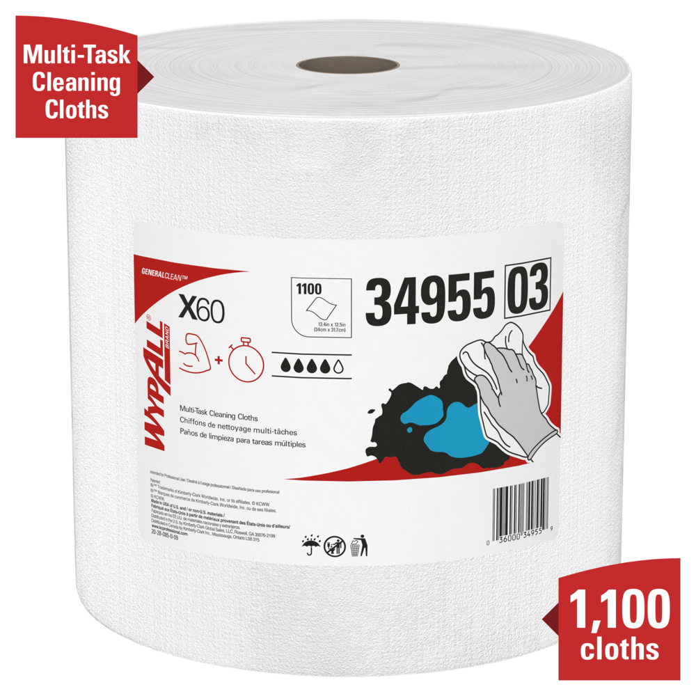 WypAll® General Clean X60 Multi-Task Cleaning Cloths (34955), Jumbo Roll, White, 1100 Sheets / Roll, 1 Roll / Case - 34955