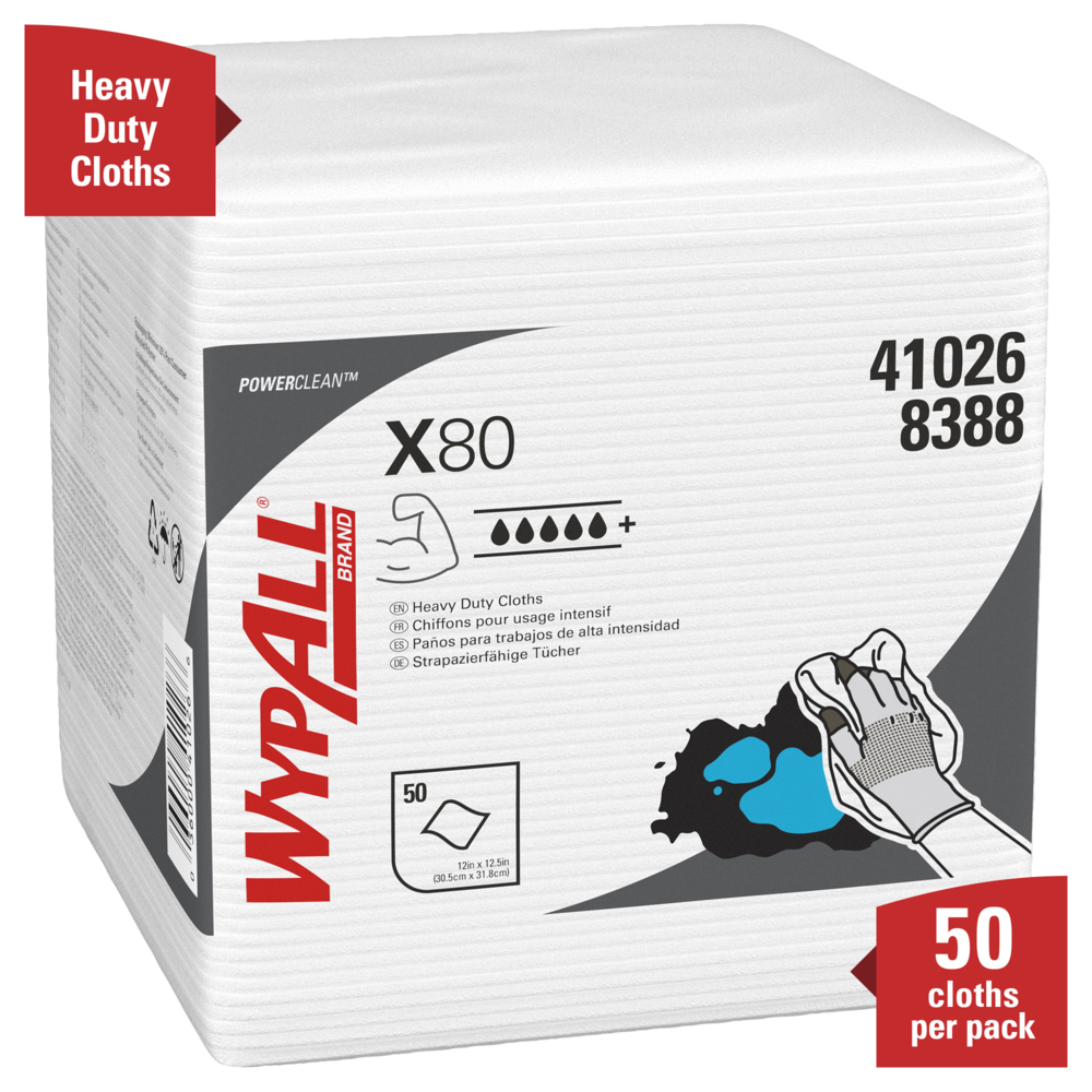 WypAll® Power Clean X80 Heavy Duty Cloths (41026), Extended Use Cloths Quarter-fold Format, White, 50 Sheets / Pack; 4 Packs / Case; 200 Folded Sheets / Case - 41026