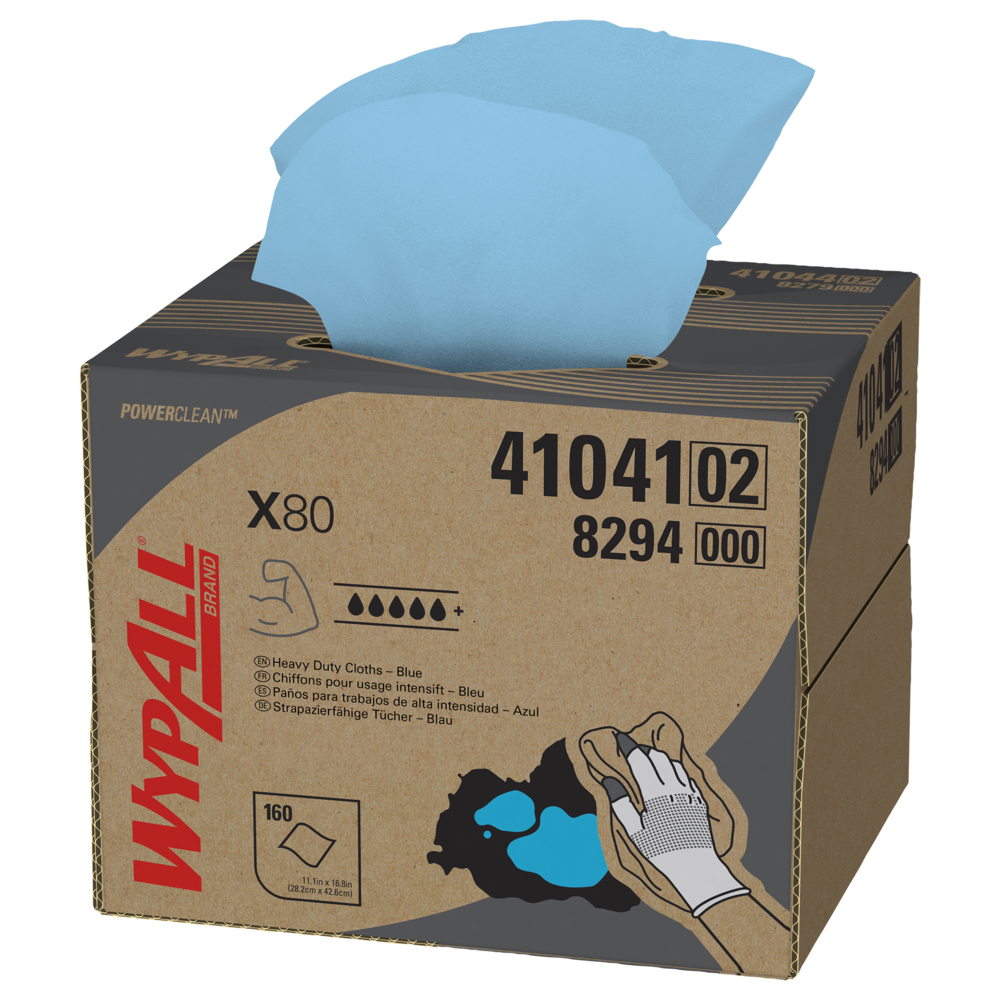 Lingettes réutilisables Wypall X80 (41041), format de boîte BRAG de chiffons à utilisation prolongée, bleues, 160 feuilles/boîte; 1 boîte/caisse - 41041