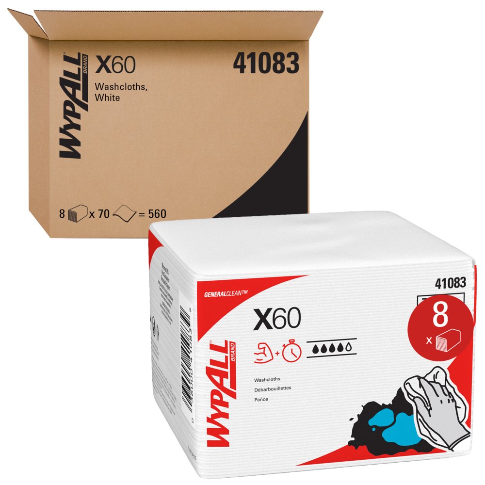 Débarbouillettes Wypall X60 (41083) avec Hydroknit, 12,5 x 10, blanches, pliées en quatre, 8 paquets/caisse, 70 feuilles/paquet