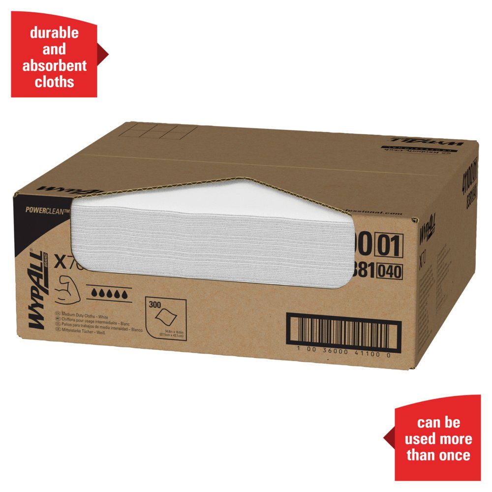 WypAll® Power Clean X70 Medium Duty Cloths (41100), Flat Sheet Box, Long Lasting Performance, White, 1 Box, 300 Sheets - 41100