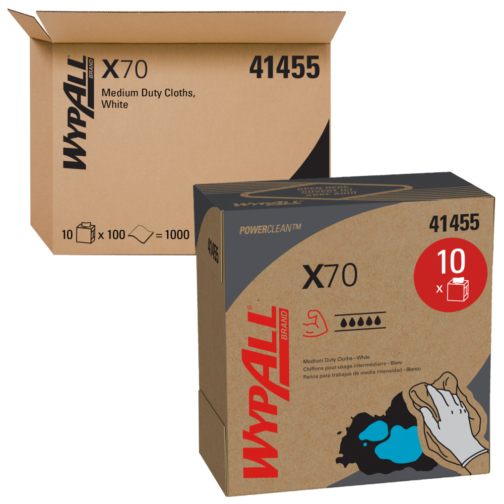 Lingettes réutilisables à usage prolongé WypAll X70 (41455), boîte POP-UP, performance longue durée, blanches (10 paquets/caisse, 100 feuilles/paquet, 1 000 feuilles/caisse)
