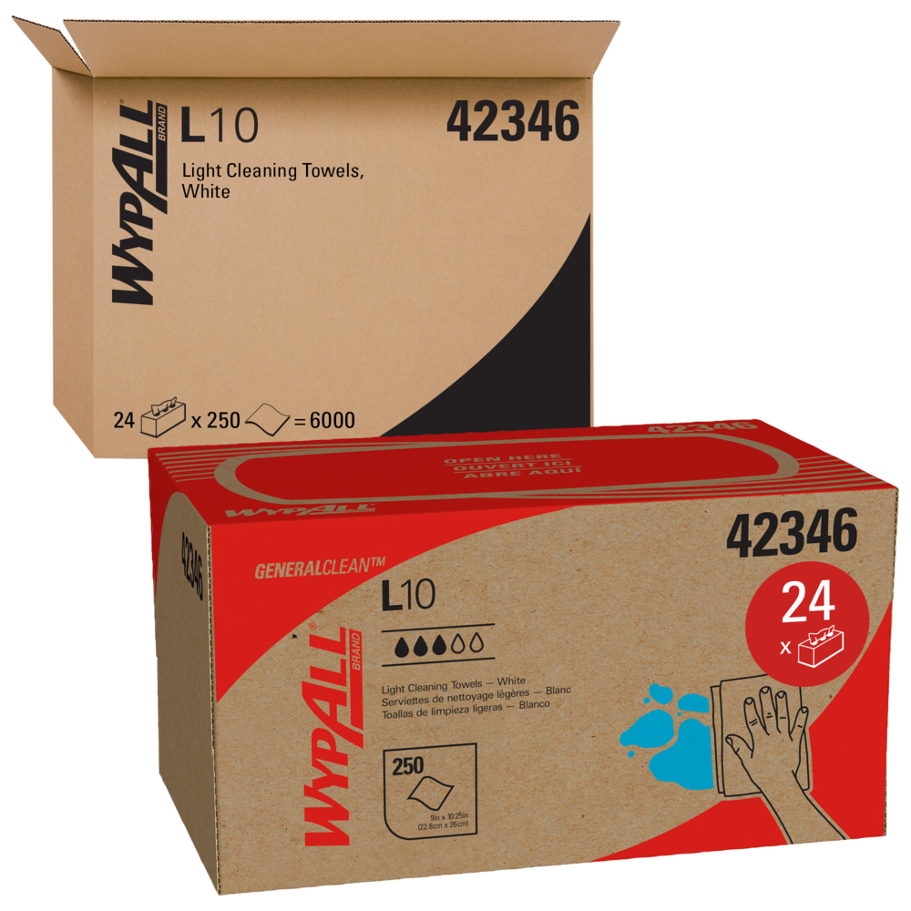 Essuie-tout jetables WypAll L10 (42346), à usage limité/légers, 1 épaisseur, boîte Pop-Up, blancs, 24 paquets/caisse, 250 lingettes/boîte - 42346