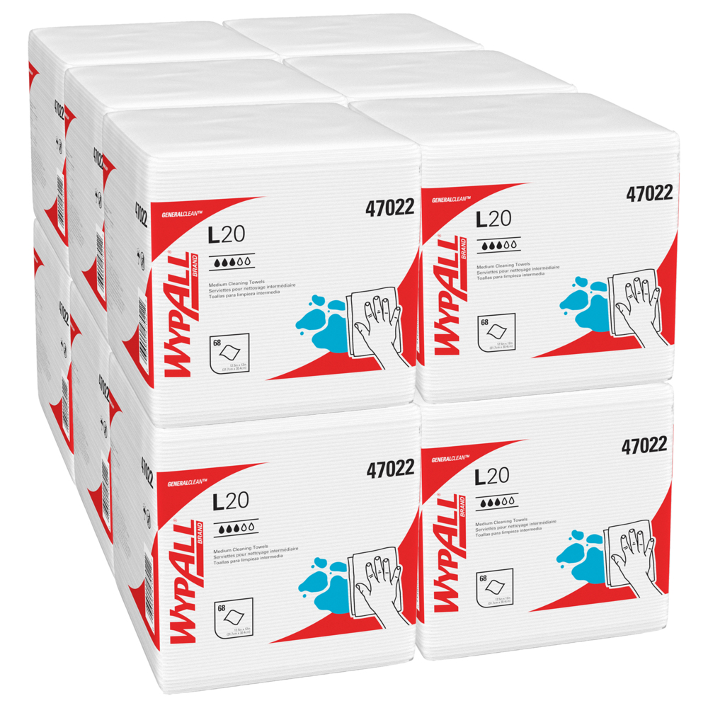 Essuie-tout à usage limité WypAll L20 (47022), plié en quatre, blanc, 4 épaisseurs, 12 paquets/casse, 68 feuilles/paquet - 47022
