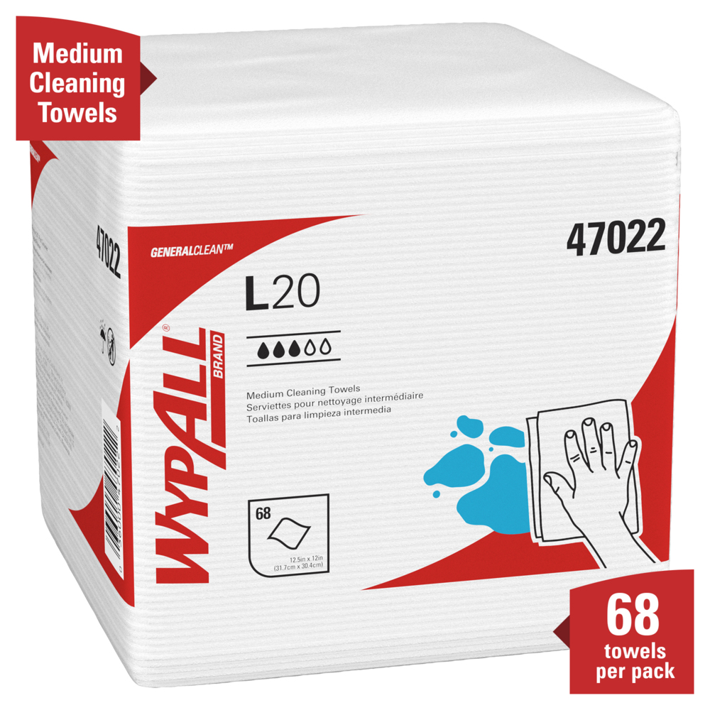 WypAll® General Clean L20 Medium Cleaning Cloths (47022), Quarterfold Format, White, 4-Ply, 12 Packs / Case, 68 Sheets / Pack - 47022
