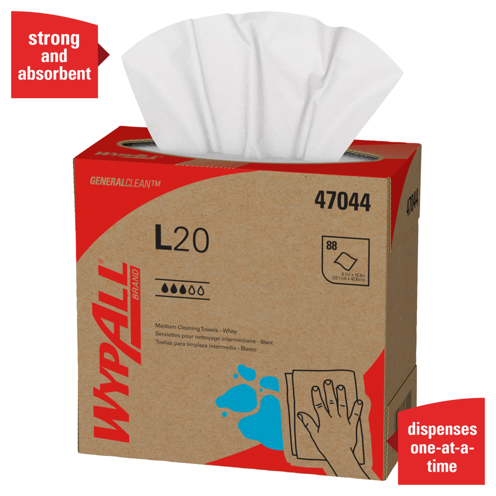 WypAll® General Clean L20 Medium Cleaning Cloths (47044), Pop-Up Box, White, 4-Ply, 10 Boxes / Case, 88 Sheets / Box - 47044