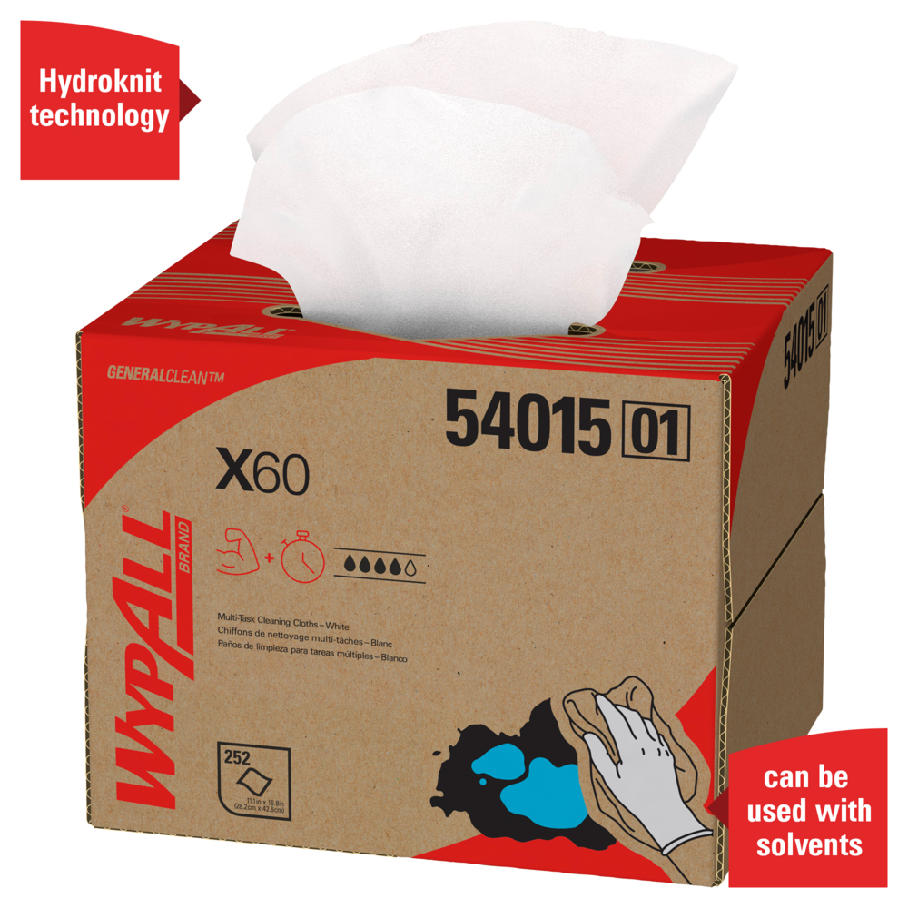 WypAll® General Clean X60 Multi-Task Cleaning Cloths (54015), Brag Box, White, 1 Box with 252 Sheets - 54015