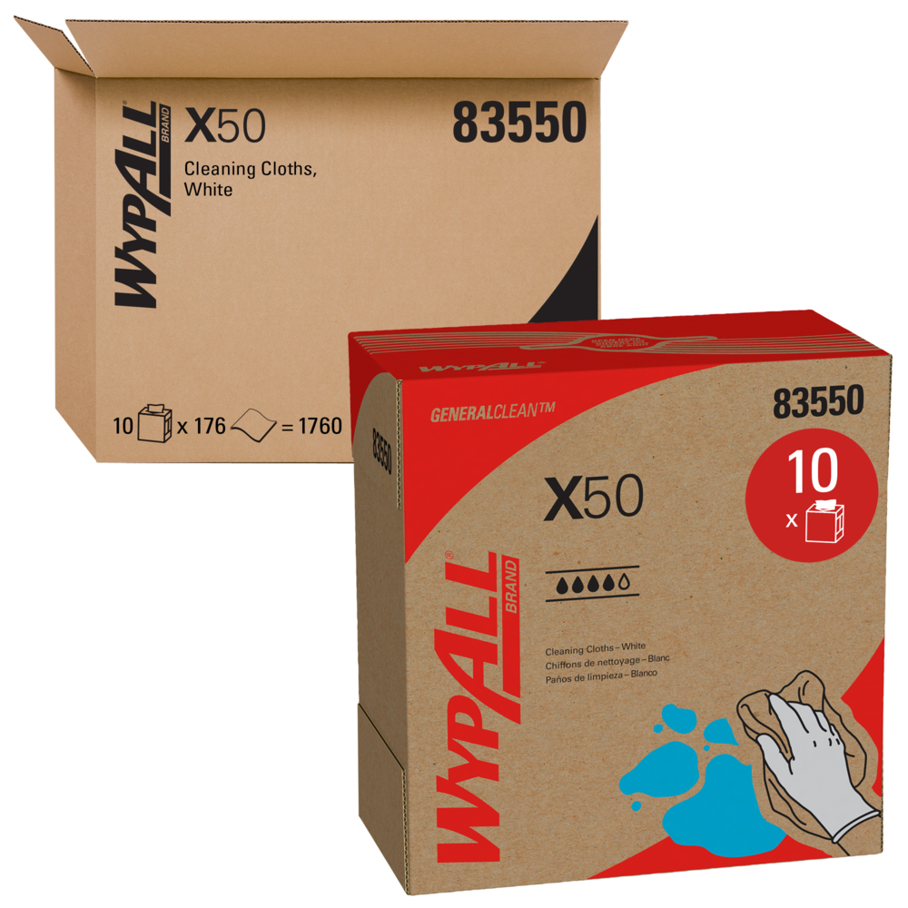 Chiffons jetables Wypall X50 (83550), résistants pour une utilisation prolongée, boîte Pop-up, blanc, 10 boîtes/caisse, 176 feuilles/boîte, 1 760 feuilles/caisse