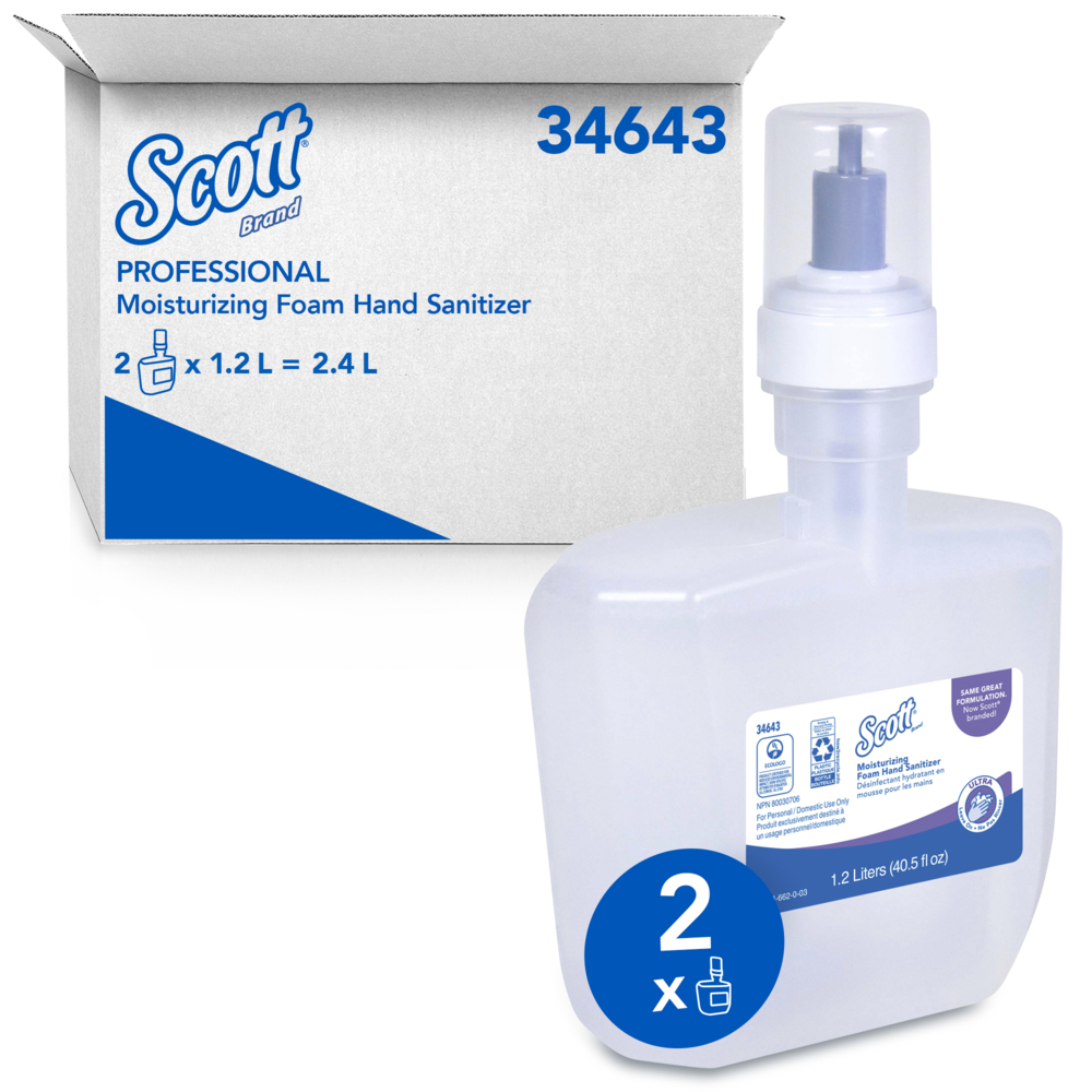Désinfectant ultra hydratant en mousse pour les mains Scott® Control, Ecologo, certifié E3 par NSF (34643), transparent, non parfumé, 1,2 l, 2 bouteilles/caisse - 34643