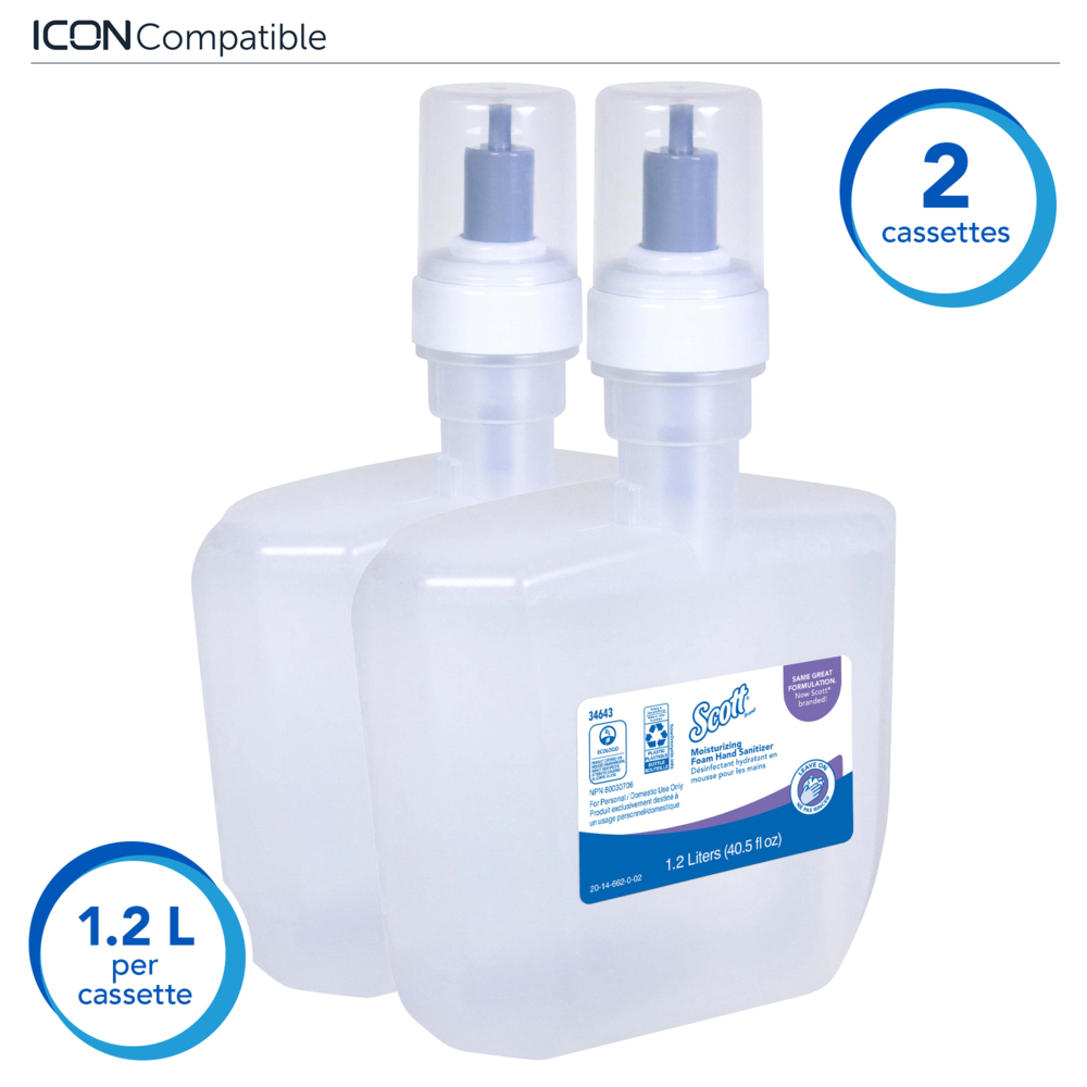 Scott® Control Ultra Moisturizing Foam Hand Sanitizer, Ecologo, NSF E-3 Rated (34643), Clear, Unscented, 1.2 L, 2 Bottles/Case - 34643