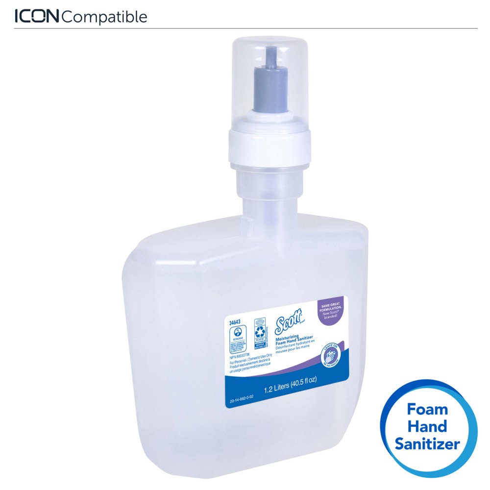 Scott® Control Ultra Moisturizing Foam Hand Sanitizer, Ecologo, NSF E-3 Rated (34643), Clear, Unscented, 1.2 L, 2 Bottles/Case - 34643