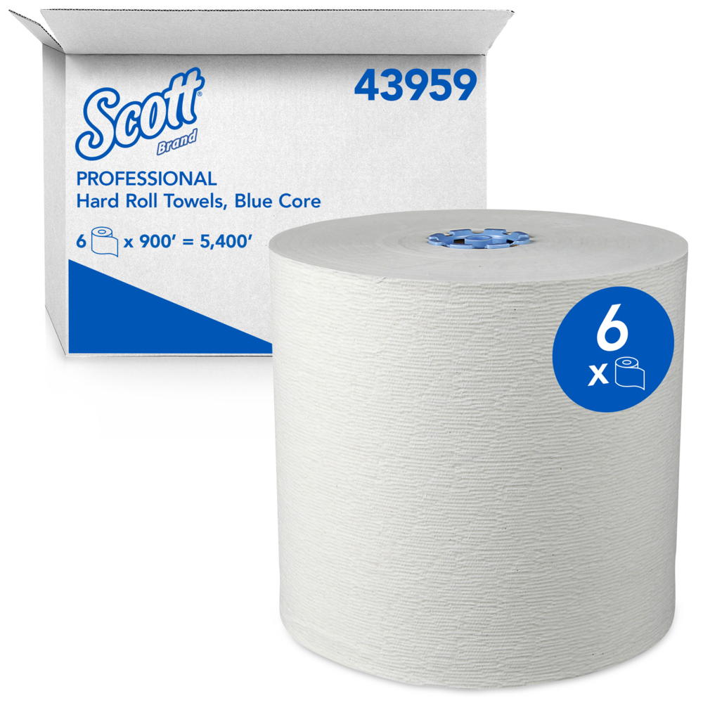 Scott® Pro Hard Roll Paper Towels (43959) for Scott® Pro Dispenser (Blue Core Only), Absorbency Pockets, White, 900’/Roll, 6 White Rolls/Case, 5,400'/Case - 43959