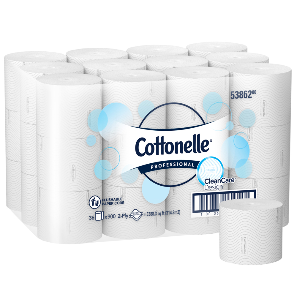 Cottonelle® Paper Core High-Capacity Standard Toilet Paper (53862), with CleanCare® Design, 2-Ply, White, 36 Rolls/Case, 900 Sheets/Roll, 32,400 Sheets/Case - 53862