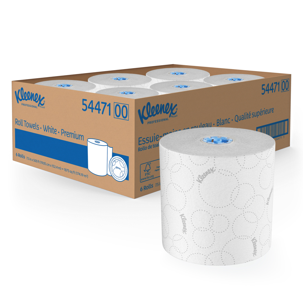Essuie-mains en rouleau dur Kleenex® (54471) avec conception Kleenex® haut de gamme et pochettes d’air, pour distributrice Scott® Pro (mandrin bleu), 500 pi/rouleau, 6 rouleaux blancs/caisse, 3 000 pi/caisse - 54471