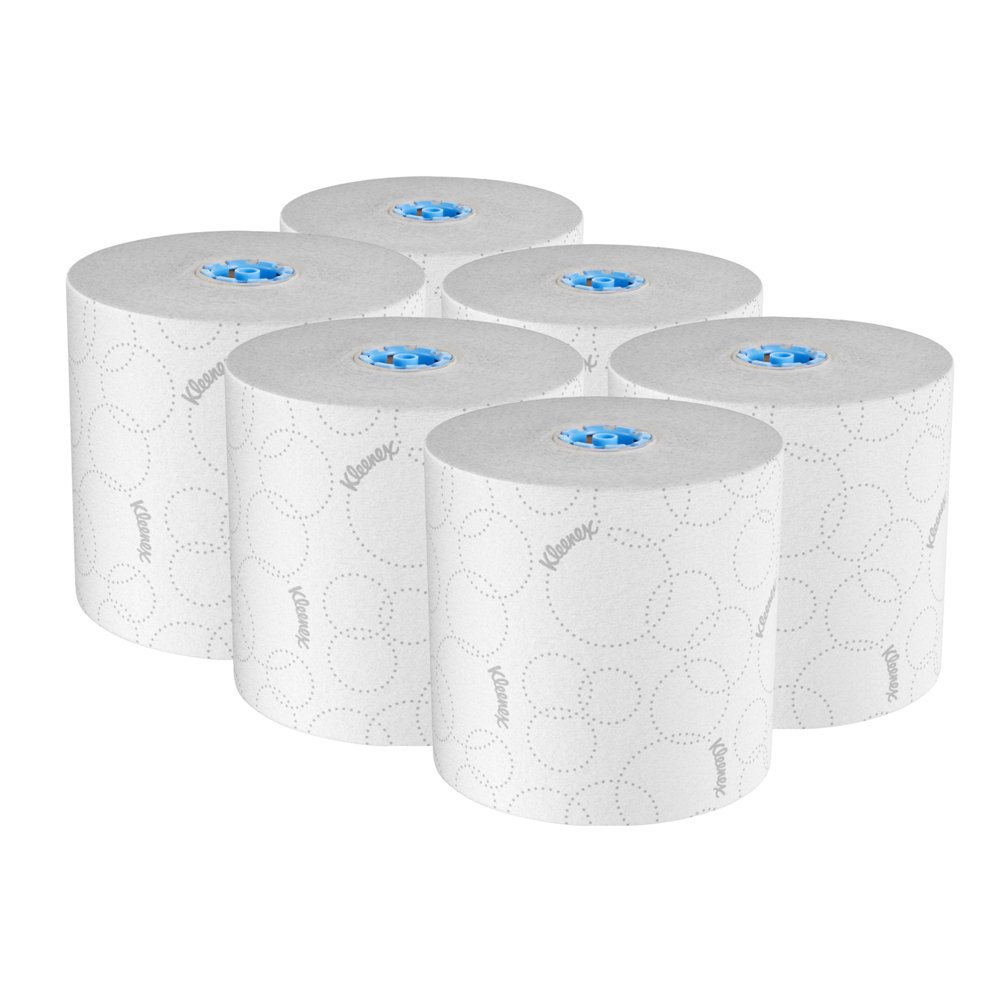 Essuie-mains en rouleau dur Kleenex® (54471) avec conception Kleenex® haut de gamme et pochettes d’air, pour distributrice Scott® Pro (mandrin bleu), 500 pi/rouleau, 6 rouleaux blancs/caisse, 3 000 pi/caisse - 54471