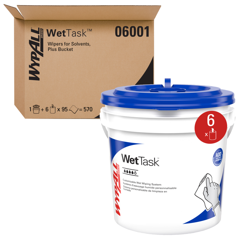 WypAll® Power Clean Wipers for Solvents, WetTask™ Customizable Wet Wiping System (06001), 6 Rolls/Case, 95 Sheets/Roll, 570 Sheets/Case, Bucket Included