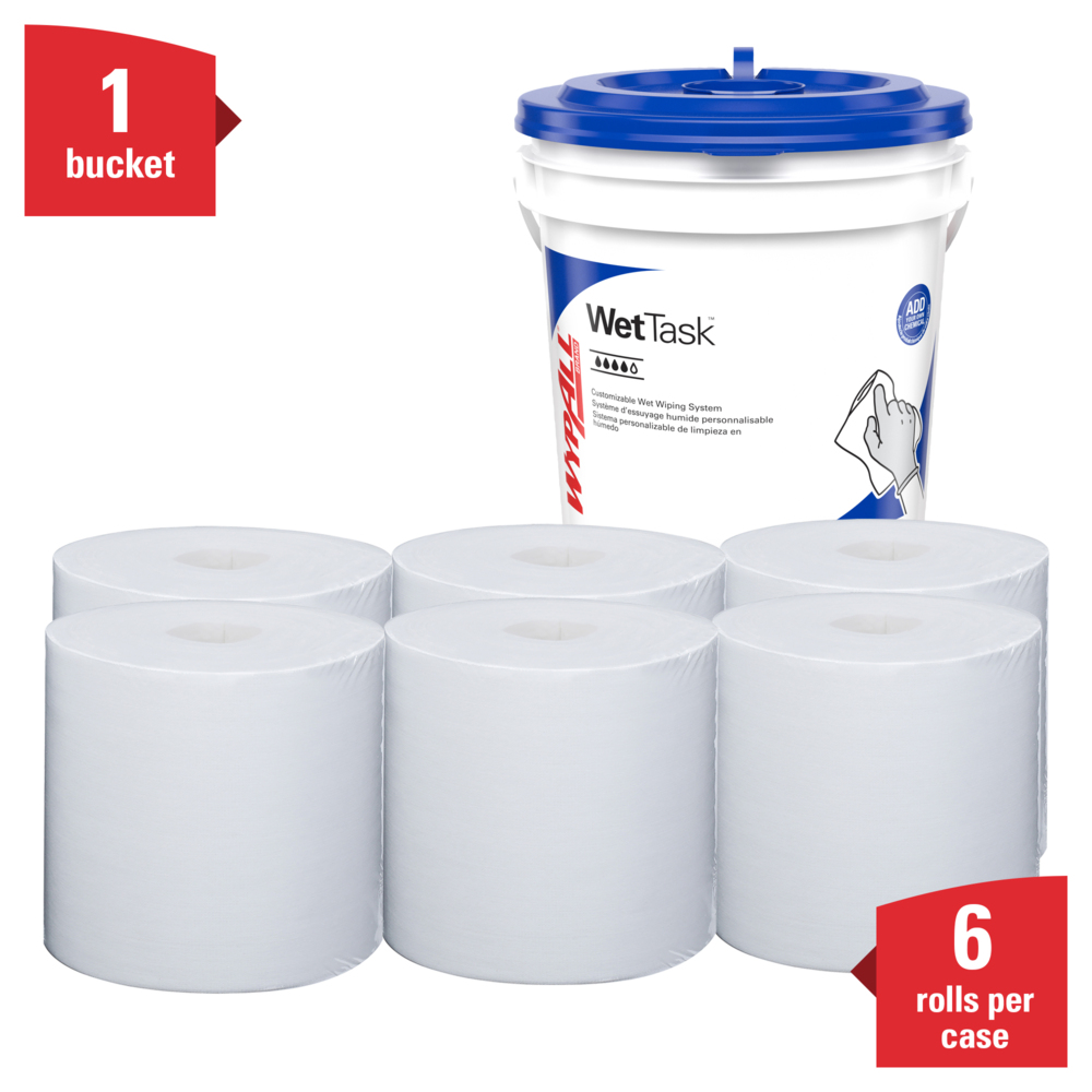 WypAll® Critical Clean Wipers for Bleach, Disinfectants, and Sanitizers, WetTask™ Customizable Wet Wiping System (06411), 6 Rolls/Case, 140 Sheets/Roll, 840 Sheets/Case, Bucket Included - 06411