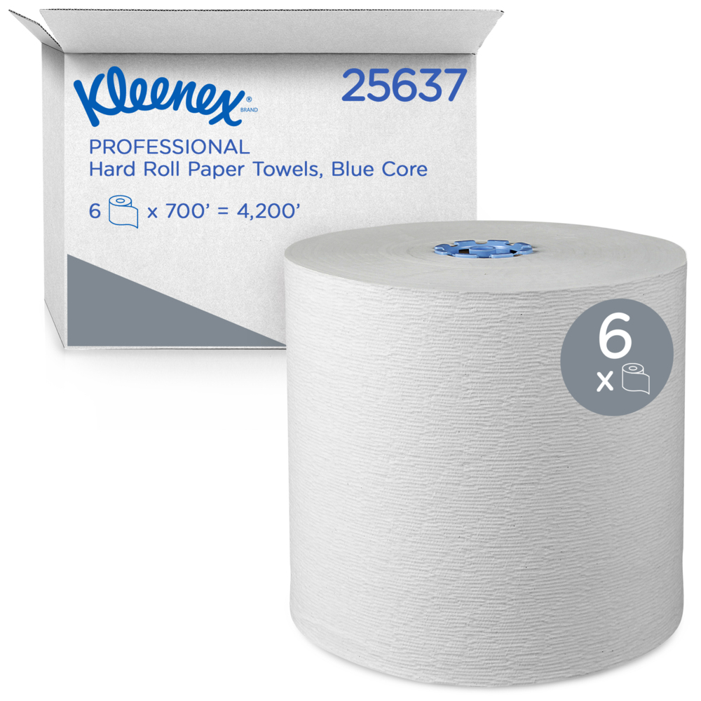 Essuie-mains en rouleau dur Kleenex® (25637) avec pochettes d’air de qualité supérieure, pour distributrice Scott® Pro (mandrin bleu), 700 pi/rouleau, 6 rouleaux blancs/caisse, 4 200 pi/caisse - 25637