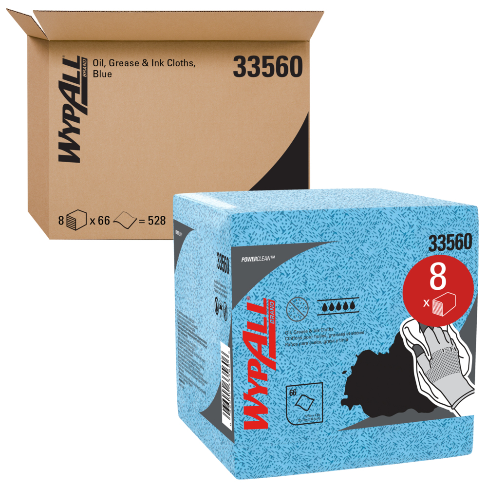 WypAll® Power Clean Oil, Grease & Ink Cloths (33560), Disposable, Lint-Free, Blue, Quarterfold Wipes, 8 Packs/Case, 66 Sheets/Pack, 528 Sheets/Case - 33560